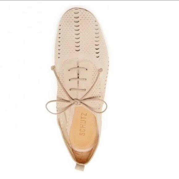 SCHUTZ New Perforated Leather Lace Up Flats Oxfords Comfort Nude Tan Women's - Picture 2 of 16